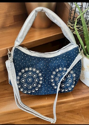 lacivert pırlanta taş detaylı Jean kot Denim Kadın Çantası