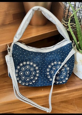 Beden mavi Renk lacivert pırlanta taş detaylı Jean kot Denim Kadın Çantası