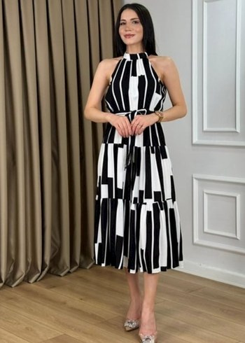 xl Beden siyah ekru desenli halter yaka Uzun Kemerli Elbise