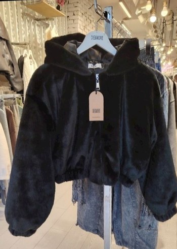 Diğer Siyah Kapusonlu Oversize Crop Pelus Mont