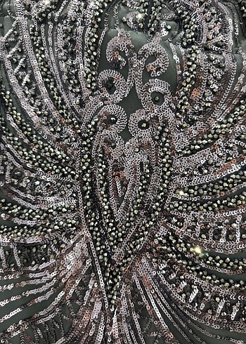 likrali Uzun V Yaka Drapeli Gri Desenli Abiye Elbise - Görsel 10