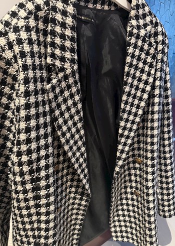 Kadın Siyah Ekose Midi Blazer Ceket - Görsel 2