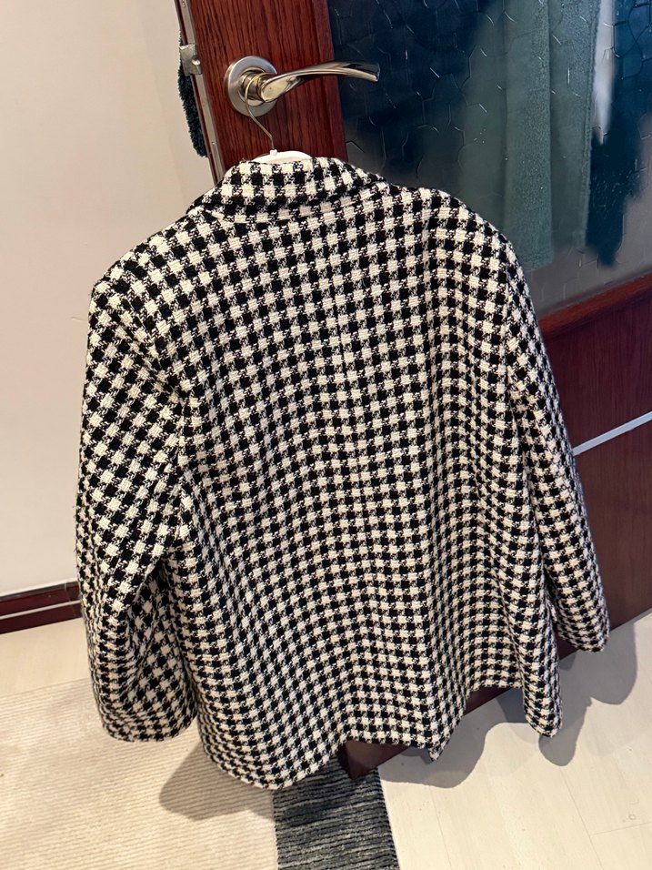 Kadın Siyah Ekose Midi Blazer Ceket - Görsel 4