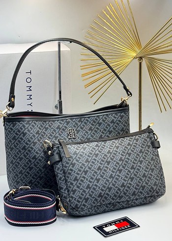 Tommy Hilfiger Gri Desenli Kadın Çanta Seti
