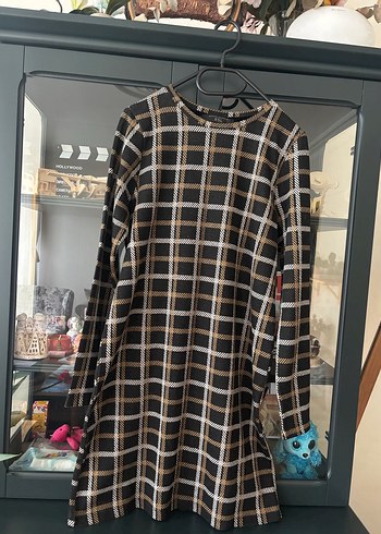 Siyah/gri/kahverengi Kareli Uzun Kollu Ofis Elbisesi - Görsel 2