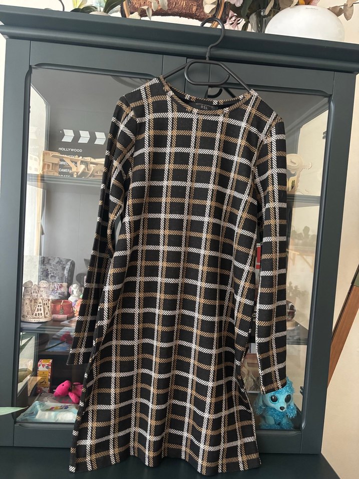 Siyah/gri/kahverengi Kareli Uzun Kollu Ofis Elbisesi - Görsel 2