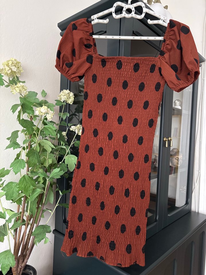 Kahverengi Puantiyeli Mini Bohem Elbise - Görsel 2