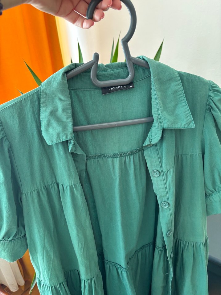 Düğmeli Gömlek Yaka Yeşil Mini Elbise - Görsel 4