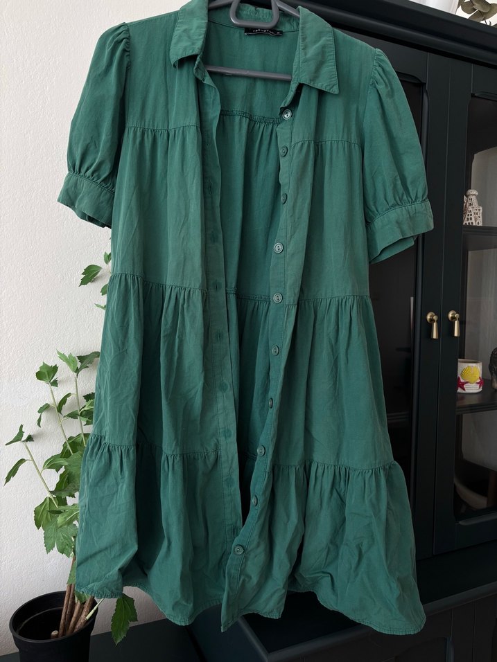 Düğmeli Gömlek Yaka Yeşil Mini Elbise - Görsel 2