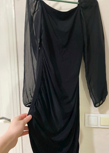 Drapeli Siyah Midi V Yaka Gotik Elbise - Görsel 2