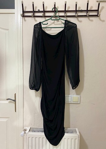 Drapeli Siyah Midi V Yaka Gotik Elbise - Görsel 5