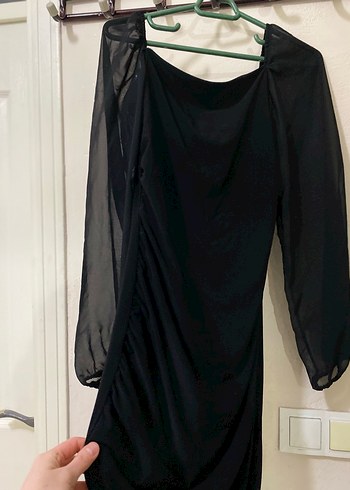 Drapeli Siyah Midi V Yaka Gotik Elbise - Görsel 3