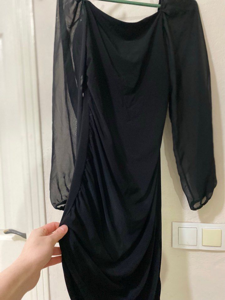 Drapeli Siyah Midi V Yaka Gotik Elbise - Görsel 2