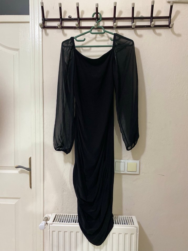 Drapeli Siyah Midi V Yaka Gotik Elbise - Görsel 5