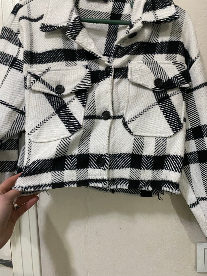 Gri Ekose Desenli Kadın Kısa Ceket - Görsel 2