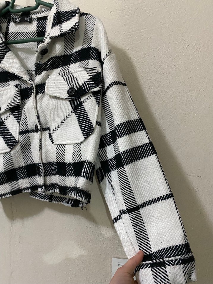 Gri Ekose Desenli Kadın Kısa Ceket - Görsel 5