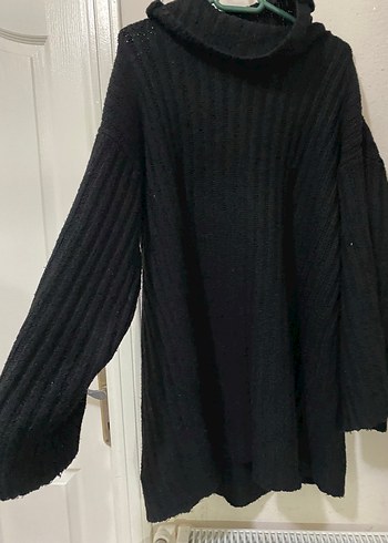 Siyah Boğazlı Oversize Mini Triko Elbise - Görsel 5