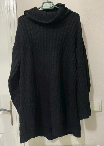 Siyah Boğazlı Oversize Mini Triko Elbise - Görsel 4