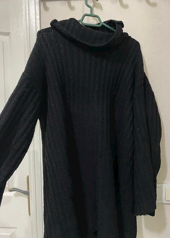 Siyah Boğazlı Oversize Mini Triko Elbise - Görsel 2