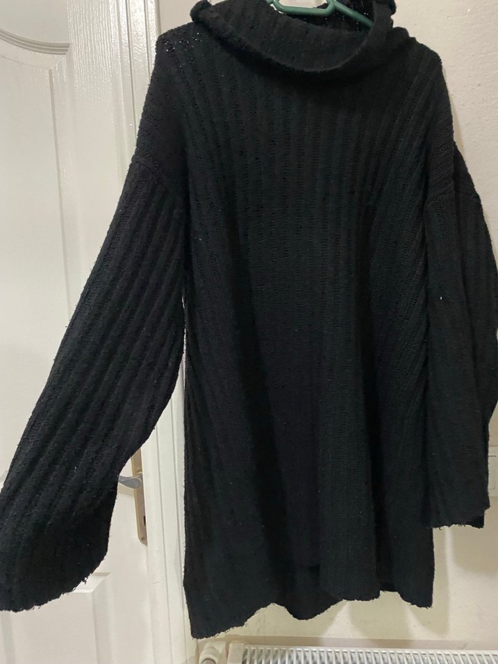 Siyah Boğazlı Oversize Mini Triko Elbise - Görsel 5