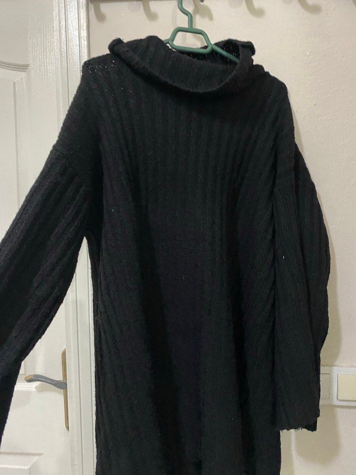 Siyah Boğazlı Oversize Mini Triko Elbise - Görsel 2