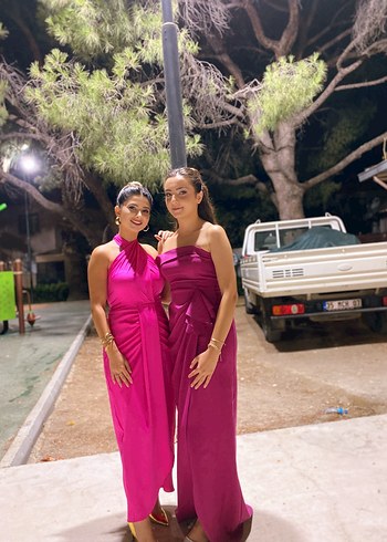 Pembe Drapeli Uzun Kadın Elbise - Görsel 2