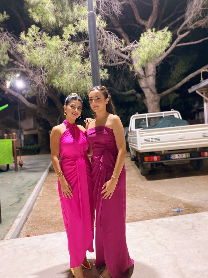 Pembe Drapeli Uzun Kadın Elbise - Görsel 2