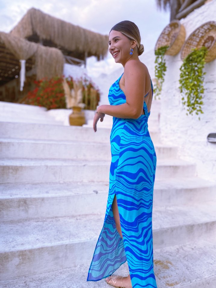 Mavi Bağlama Desenli Uzun Askılı Elbise - Görsel 5