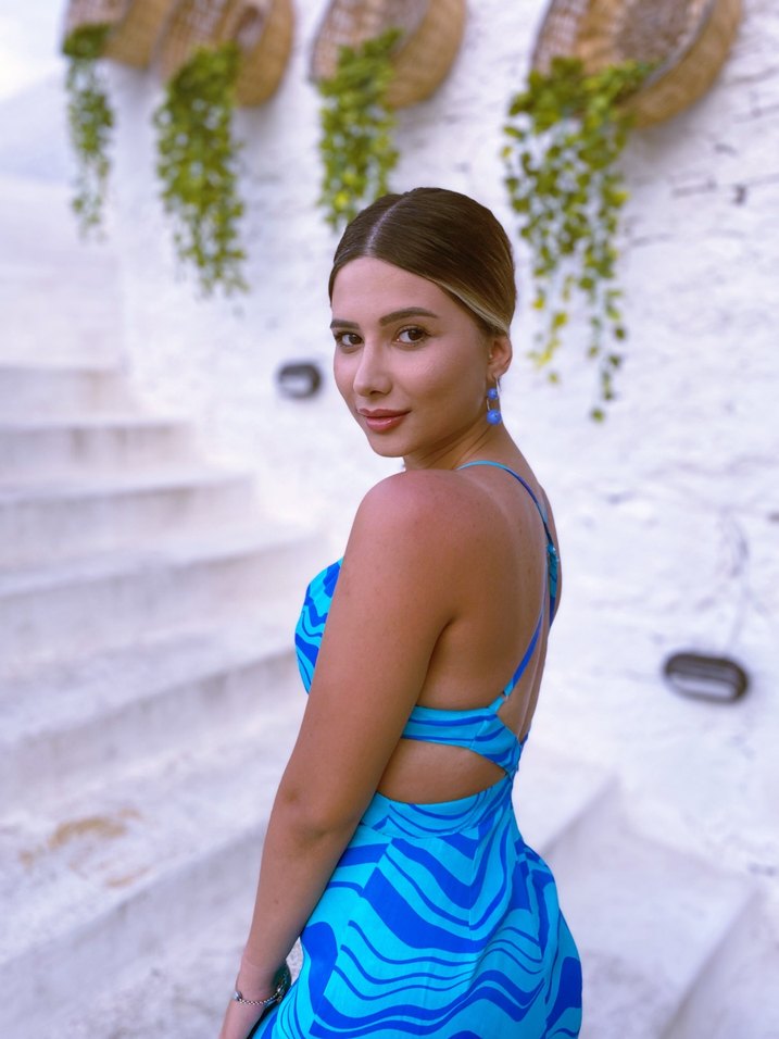 Mavi Bağlama Desenli Uzun Askılı Elbise - Görsel 3