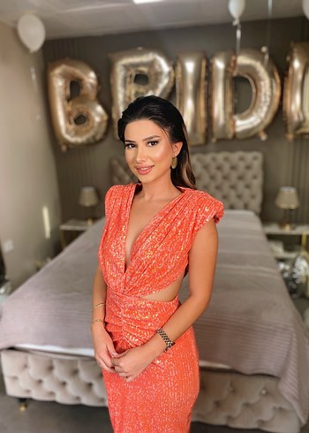 Parlak Turuncu payet Uzun Abiye Elbise - Görsel 2