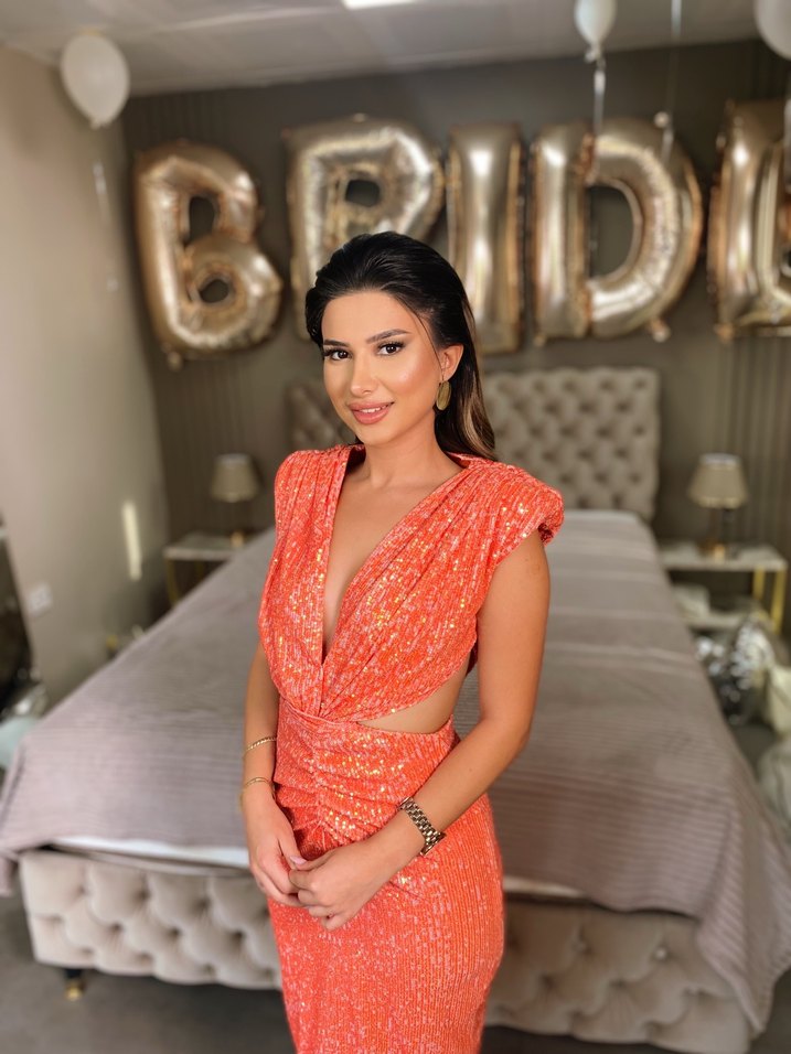 Parlak Turuncu payet Uzun Abiye Elbise - Görsel 2