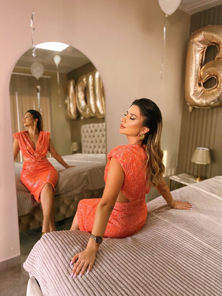 Parlak Turuncu payet Uzun Abiye Elbise - Görsel 3