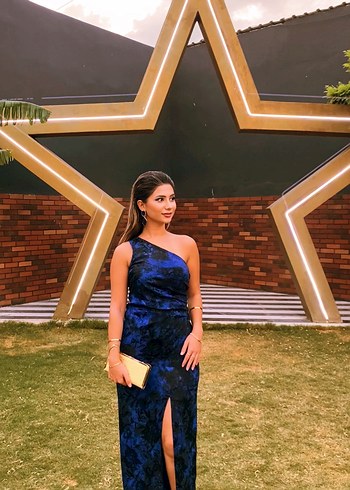 Navy Drapeli Uzun Abiye Elbise - Görsel 4