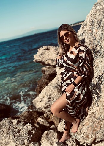 Kahverengi Zebra Desenli Uzun Bohem Elbise - Görsel 2