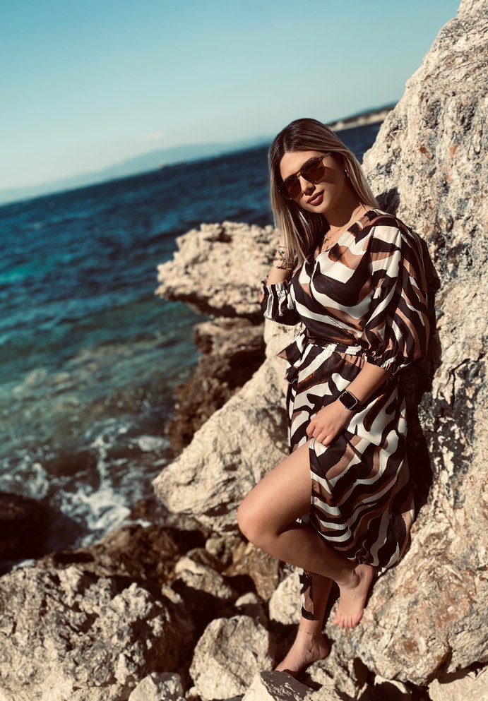 Kahverengi Zebra Desenli Uzun Bohem Elbise - Görsel 2