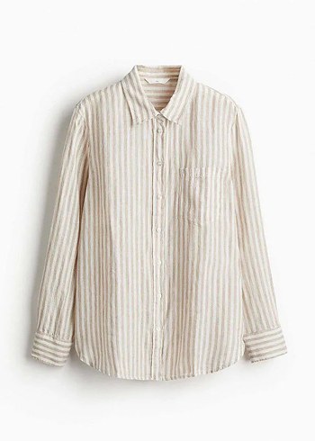 h&m Bej Çizgili Keten Gömlek