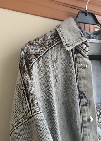 Nakışlı Gri Bohem Kadın Denim Ceket - Görsel 3