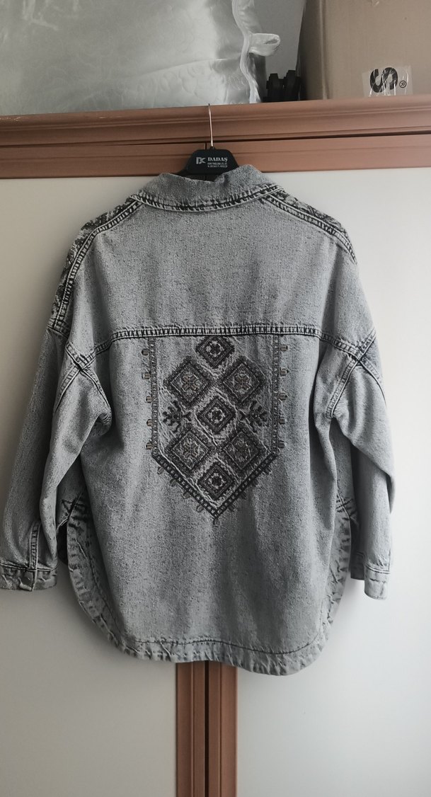 Nakışlı Gri Bohem Kadın Denim Ceket - Görsel 2
