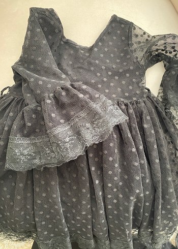 Uzun Kollu Siyah Kız Çocuk Fırfırlı Elbise - Görsel 2