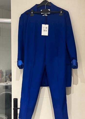 Uzun Lacivert Kadın Blazer Ceket ve Pantalon takım