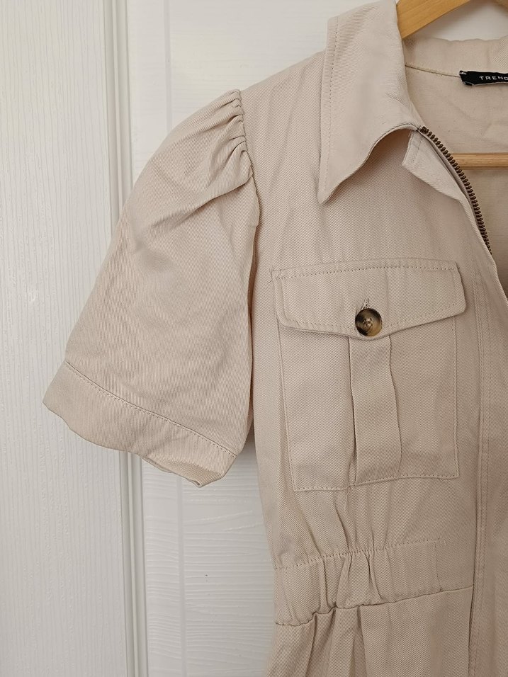 Bej Keten Kısa Kollu Mini Tulum - Görsel 2