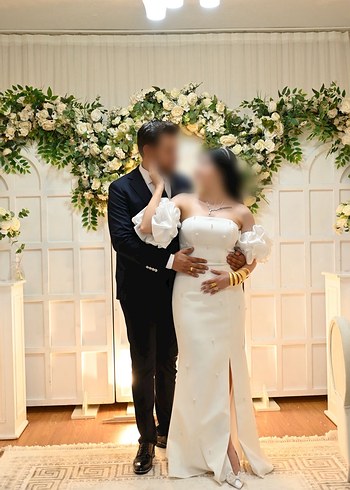 Abiye Uzun Kollu Beyaz Drape Detaylı Düğün Elbisesi