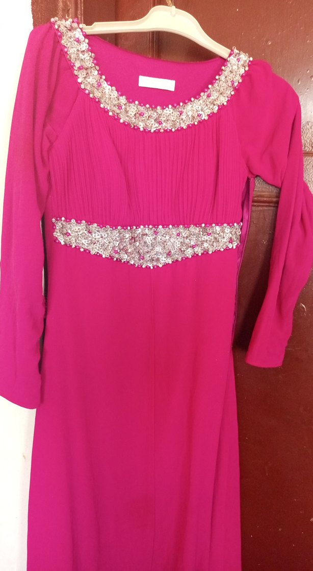 Pembe Uzun Kollu Drapeli  Abiye Elbise - Görsel 2