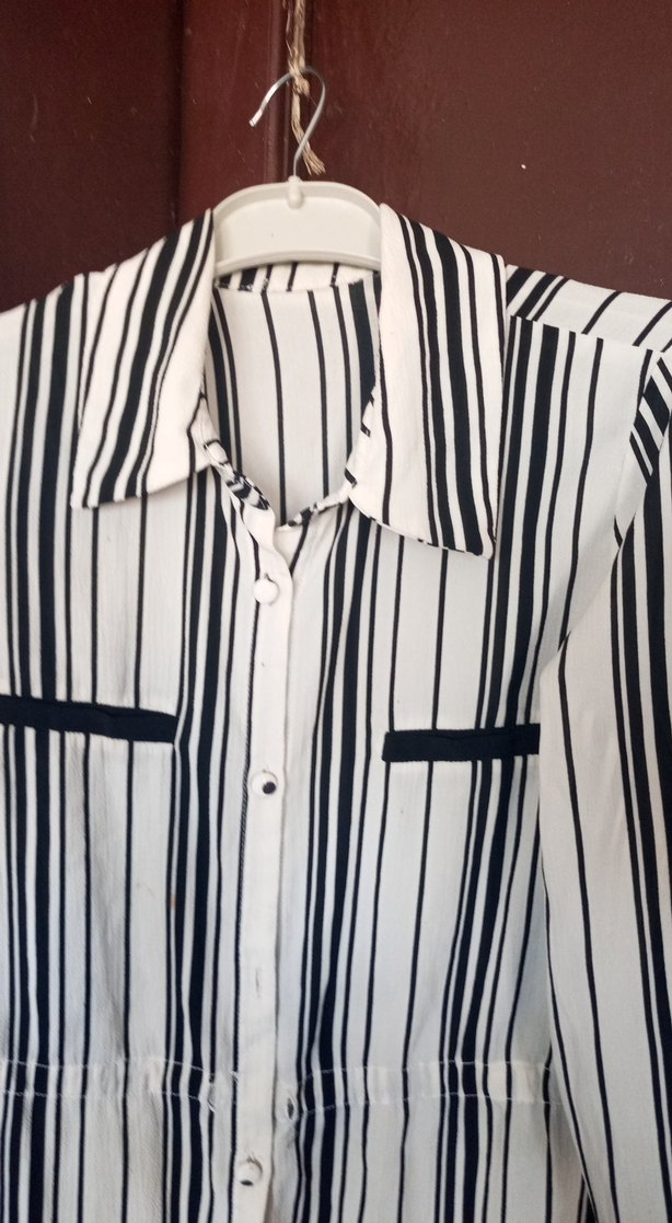 Uzun Kollu, Çizgili Kadın Gömlek Elbise - Görsel 2