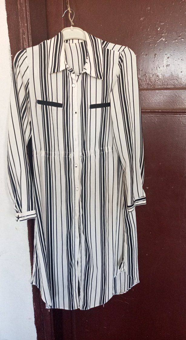 Uzun Kollu, Çizgili Kadın Gömlek Elbise - Görsel 4