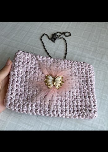 Diğer Nakışlı Pembe Örgü Kadın Çanta