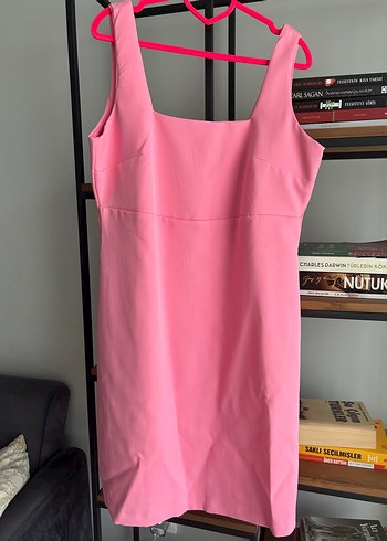 Pembe Midi Kolsuz Ofis Elbisesi