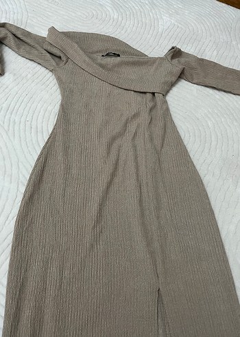 Bej Uzun Keten Elbise, Kayık Yaka, Drapeli - Görsel 2