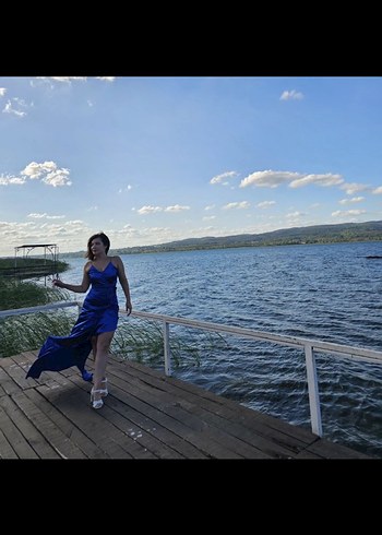 Mavi Drapeli Uzun Straplez Abiye Elbise - Görsel 3