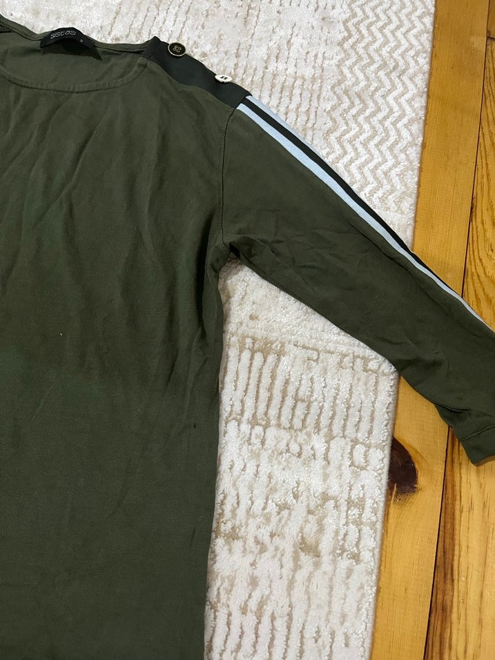 Düğmeli Bol Kesim Kadın Koyu Haki Sweatshirt - Görsel 2